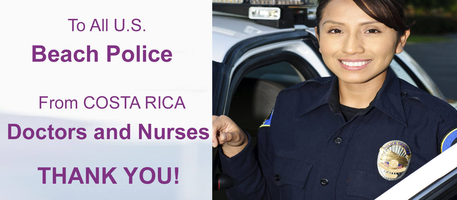 Close-up picture of a smiling  female frontline beach policewoman with short dark hair, taking advantage of a 30% discount on plastic surgery offered by Frontline Plastic Surgery in San Jose, Costa Rica.  The policewoman is wearing a dark blue shirt and is looking directly into the camera with a big smile.