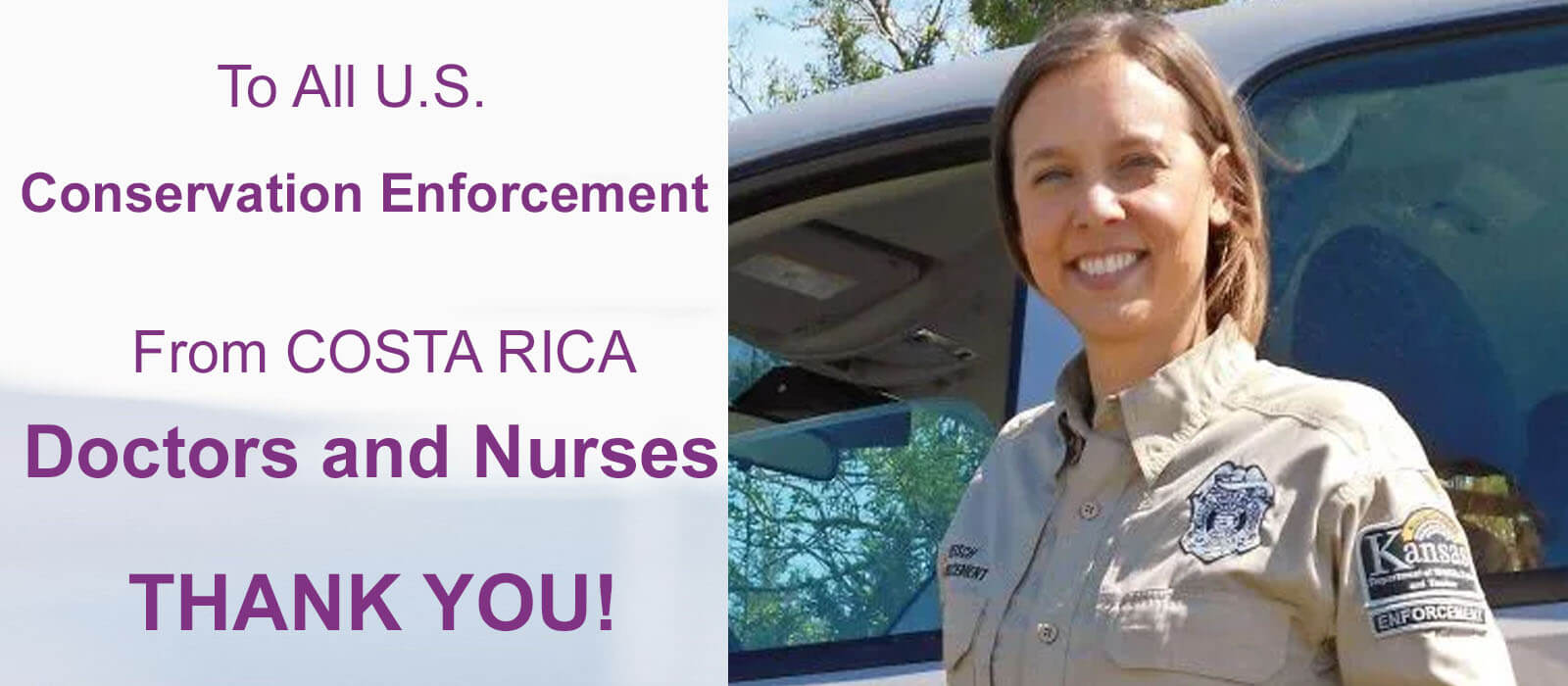 Close-up picture of a smiling  female frontline conservation enforcement officer with medium dark hair, taking advantage of a 30% discount on plastic surgery offered by Frontline Plastic Surgery in San Jose, Costa Rica.  The office is wearing a light grey work shirt and is looking directly into the camera.